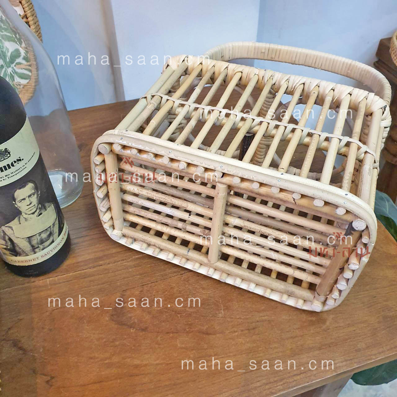 ตะกร้าหวายใส่ขวดน้ำ ขวดไวน์ แก้วน้ำ ทรงเหลี่ยม 2 ช่อง Bottle basket🍾