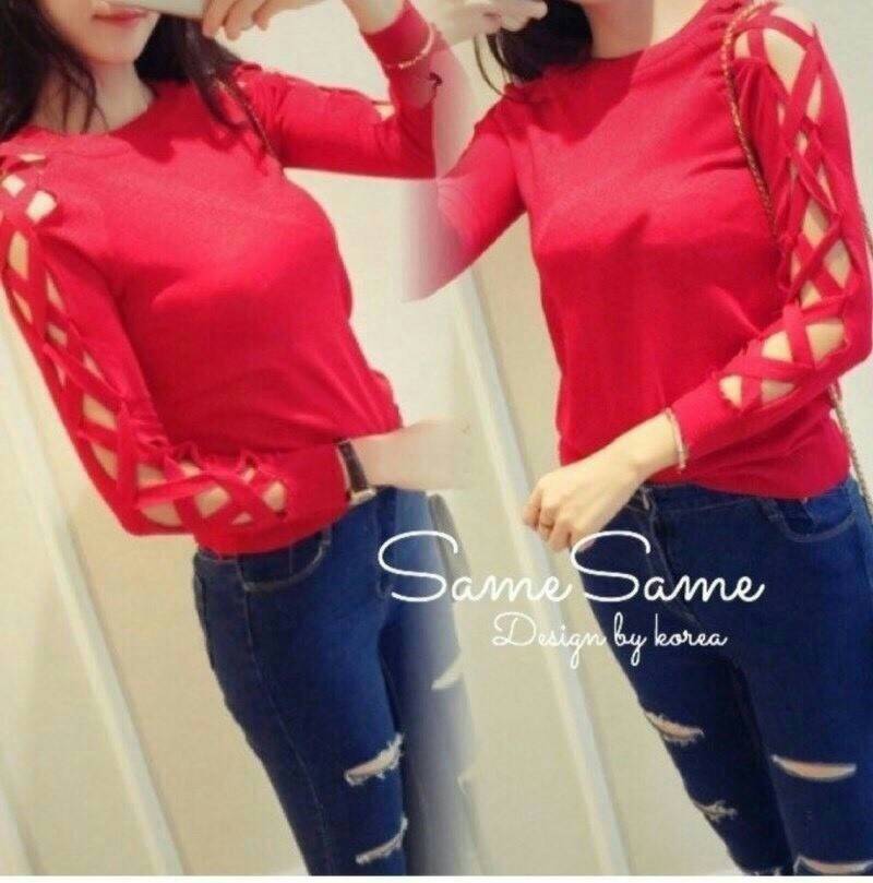 เสื้อไหมพรมแขนยาว ดีเทลสานช่วงแขนไขว้กากบาท