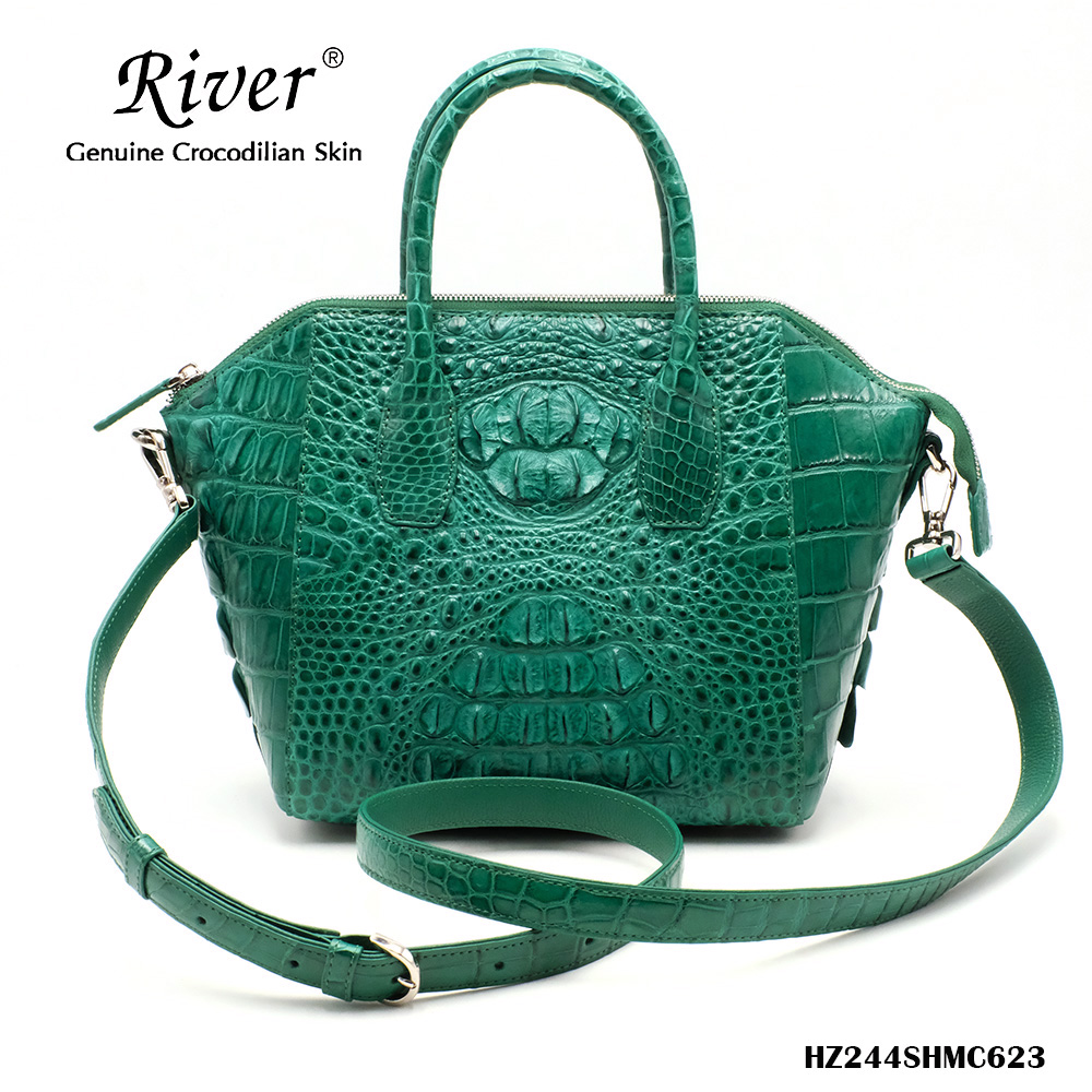 กระเป๋าถือหนังจระเข้แท้ ส่วนหลัง สีเขียว