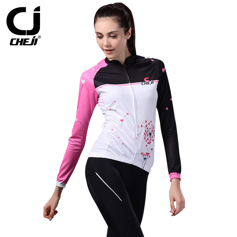ชุดจักรยานผู้หญิงแขนยาวขายาว CheJi 14 (09) สีขาวดำชมพู