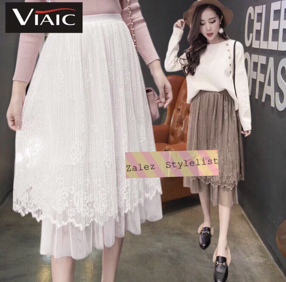 กระโปรงผ้าลูกไม้อัดพลีทืปลายมุ้ง เอวขอบสูง