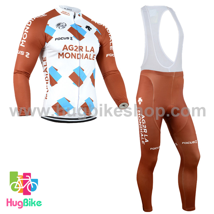 ชุดจักรยานแขนยาวทีม AG2RLA Mondiale 14 (01) สีขาวน้ำตาล กางเกงเอี๊ยม