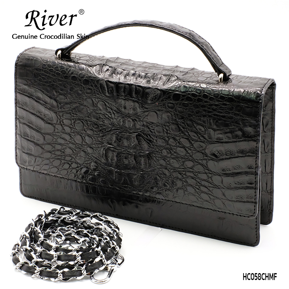 กระเป๋าถือหนังจระเข้แท้ ส่วนโหนก พร้อมสายสะพาย สีดำ