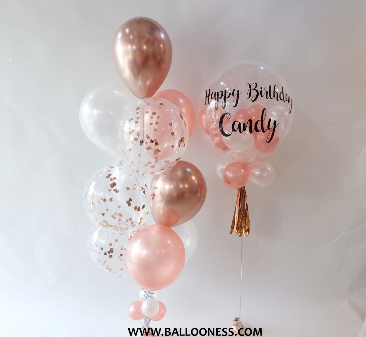 เซ็ตลูกโป่งวันเกิดบับเบิ้ล โทนโรสโกล,ขาว ขนาด 24นิ้ว+1ช่อ / Set Bubble Happy Birthday Rose Gold , White 24-inch+1bunch