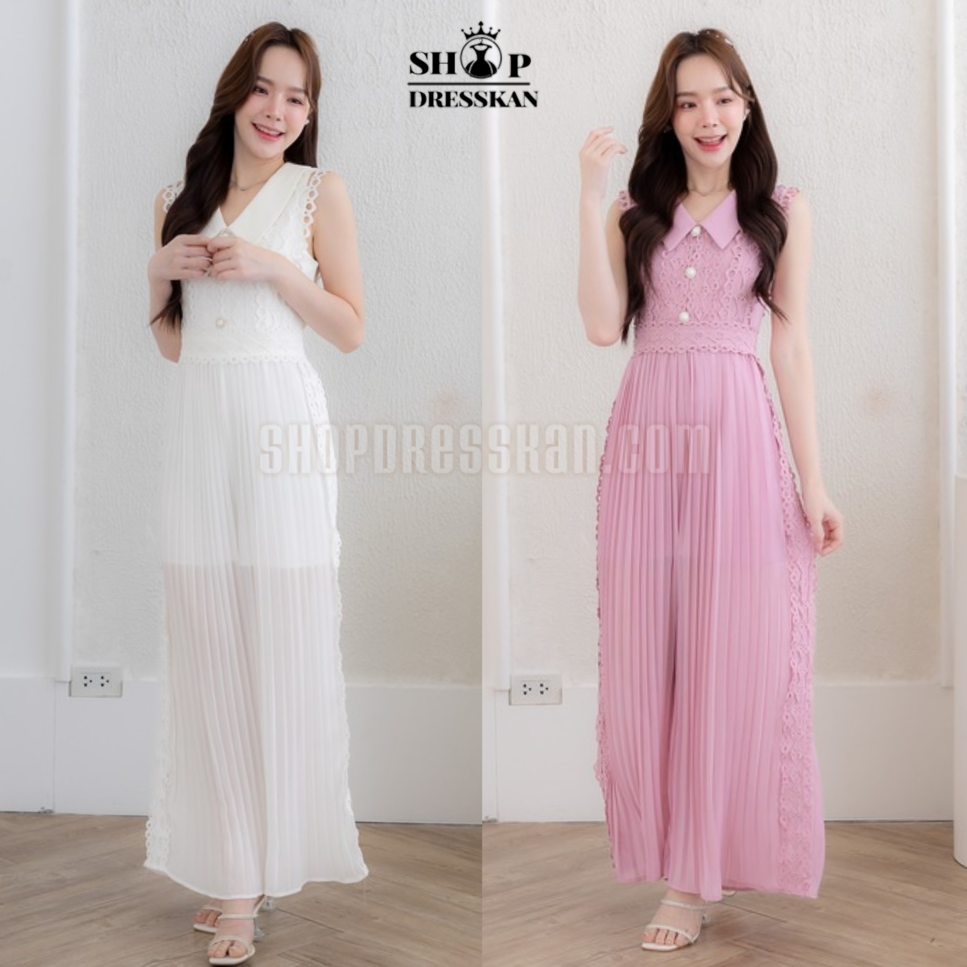 ❌หมดทุกสีทุกไซส์ค่ะ❌: จั้มสูทยาวงานป้ายคุณภาพ [ S-M-L-XL] :: จั้มสูทยาวเสื้อแขนกุดตัดแต่งลูกไม้ คอปกแต่งกระดุม ตัดต่อกางเกงทรงขายาวอัดพลีท ซิปซ่อนหลัง บุซับในอย่างดี ผ้าเนื้อดี ใส่สวยได้หลายโอกาส
