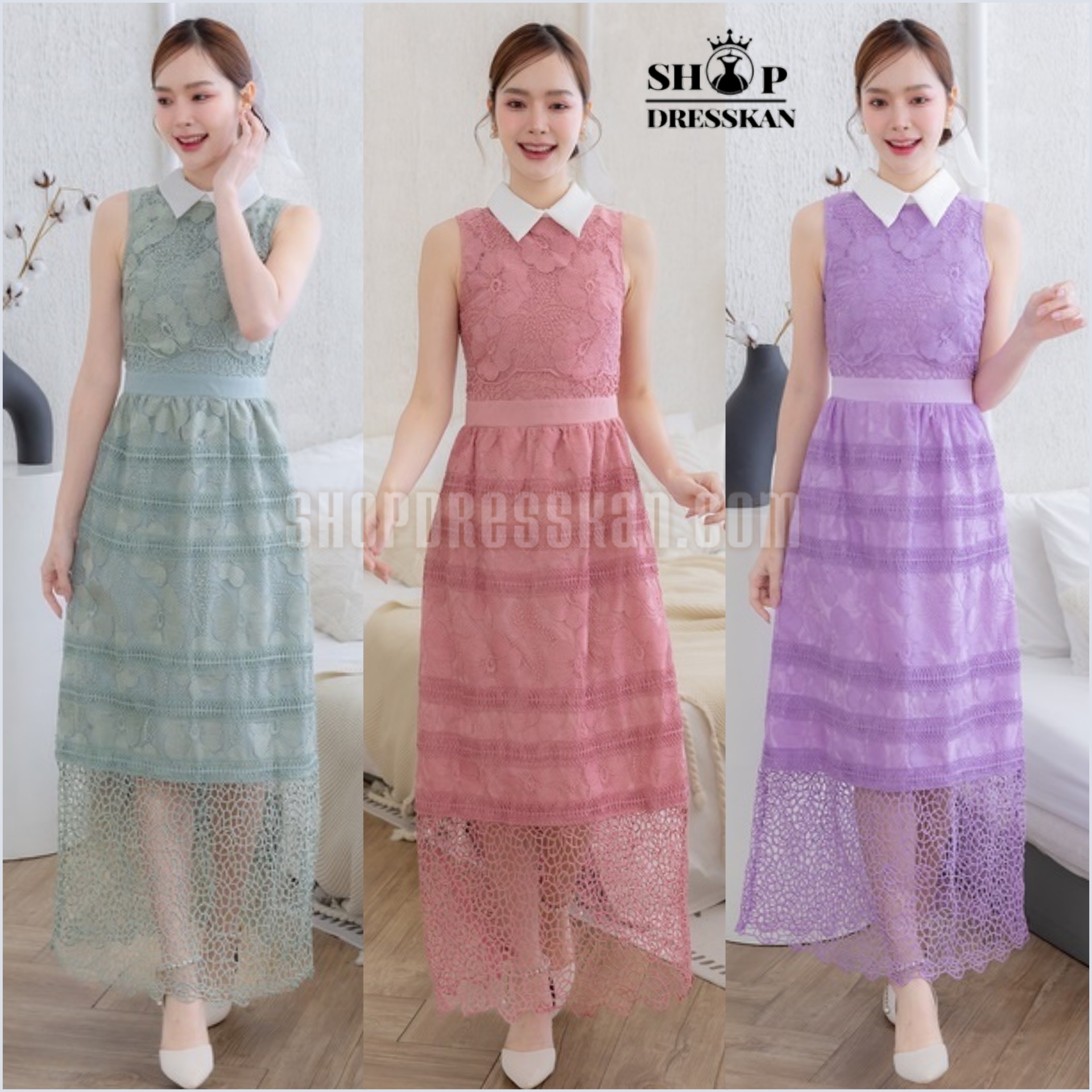 ✔️พร้อมส่ง :: ชุดเดรสแฟชั่นยาวงานป้ายคุณภาพ⭐[ S-M-L-XL ] :: ชุดเดรสยาวผ้าลูกไม้เกรดดี แขนกุด คอปกสีขาว ดีเทลสวยเก๋ดูดี ซิปซ่อนหลัง บุซับใน ใส่ออกงาน ใส่สวยได้หลายโอกาส