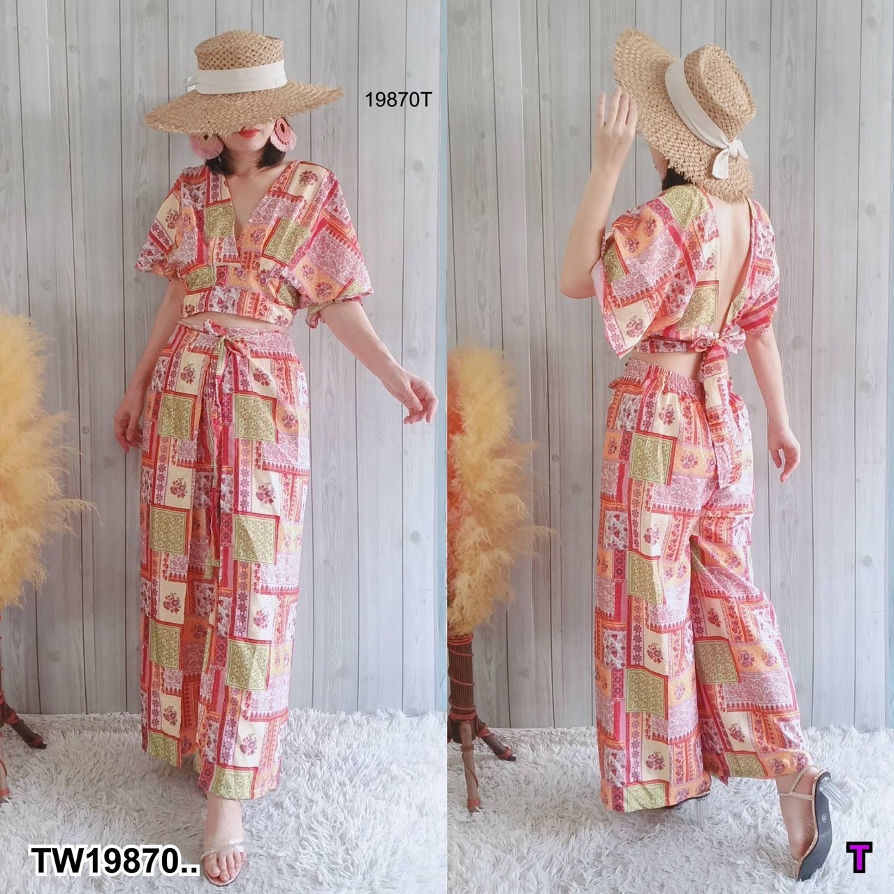 set2ชิ้น เสื้อครอปกับกางเกงผ้าไหมอินเดีย