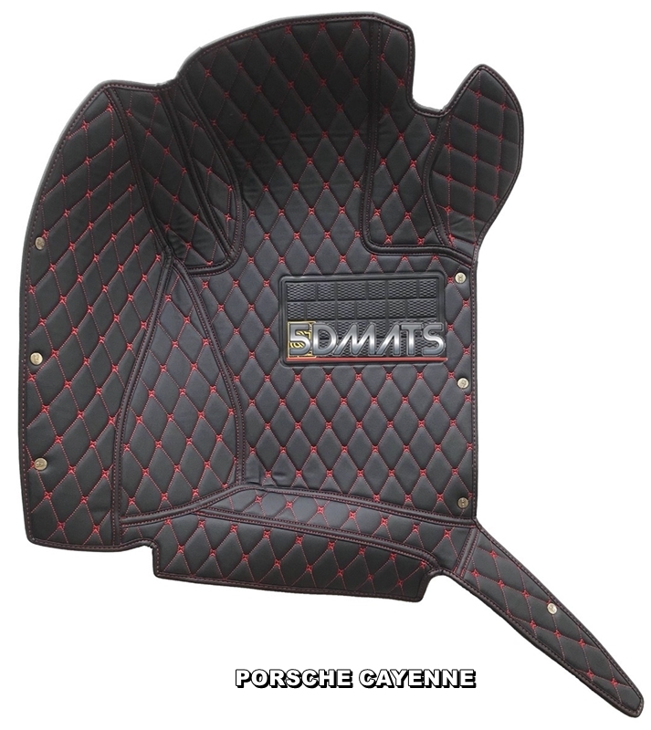 พรมปูพื้นรถยนต์ 6D หนาพิเศษ PORSCHE CAYENNE หนังสีดำด้ายแดง+แผ่นท้าย +ปิดเบาะ 6ชิ้น เต็มคัน