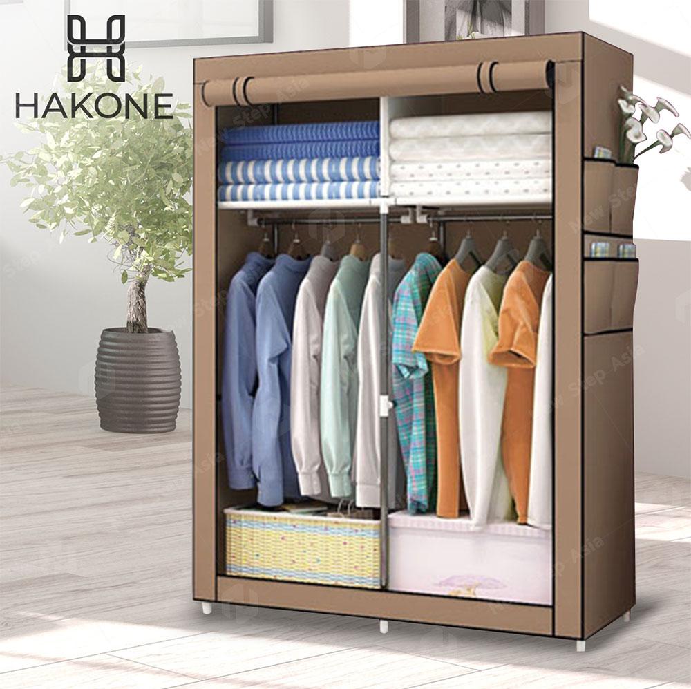 Hakone ตู้เสื้อผ้า 2 บล็อค พร้อมช่องเก็บของ ผ้าคลุมกันน้ำ กันฝุ่น รุ่น GY-04 สีดำลายตาราง ตู้เก็บของ ตู้เก็บเสื้อผ้า Wardrobe 2 Block new step asia