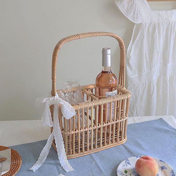 ตะกร้าหวายใส่ขวดน้ำ ขวดไวน์ แก้วน้ำ ทรงเหลี่ยม 2 ช่อง Bottle basket🍾