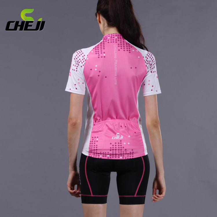 ชุดจักรยานผู้หญิงแขนสั้นขาสั้น CheJi 14 (02) สีชมพูขาว