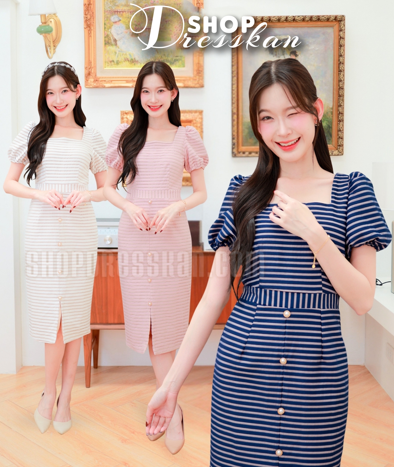 ❌หมดทุกสีทุกไซส์ค่ะ❌ :: ชุดเดรสแฟชั่นงานป้ายคุณภาพ⭐[ S-M-L-XL-2XL] :: ชุดเดรสสั้นออกงานลายขวาง แขนตุ๊กตา ดีเทลแต่งกระดุมหน้า ทรงเข้ารูปสวย ซิปซ่อนหลัง บุซับใน ผ้าเนื้อเกรดดี สวมใส่สบาย ใส่ออกงานสวยๆ