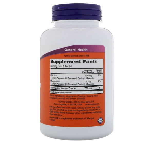 Now Foods, Apple Cider Vinegar, Extra Strength, 750 mg, 180 Tablets