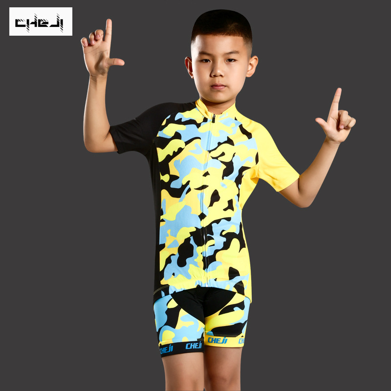 ชุดจักรยานเด็กแขนสั้นขาสั้น CheJi (17) สีดำเหลืองลายพราง