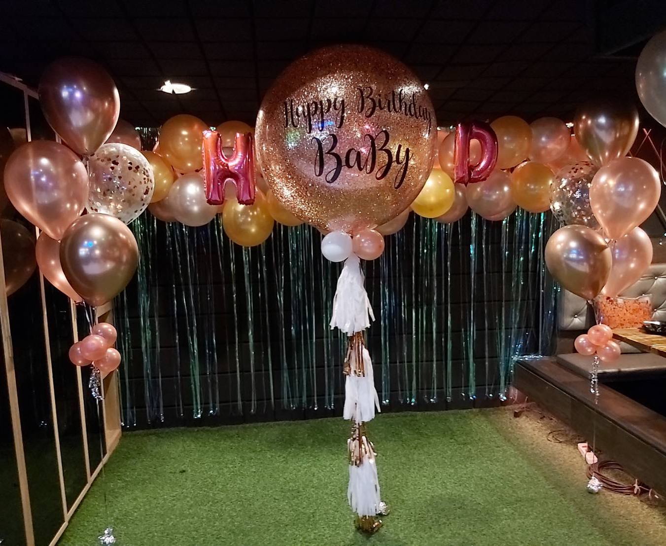 Set Backdrop + Happy Birthday biggest + 2 bunch Rose gold Tone / แบคดรอป+ลูกใหญ่ 36 นิ้ว 1 ลูก+ช่อ5ลูก(2ช่อ)