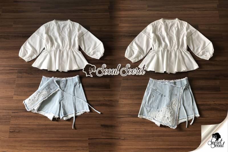 ชุดเซ็ทเสื้อ+กางเกง+ดีเทลงานปักและฉลุ