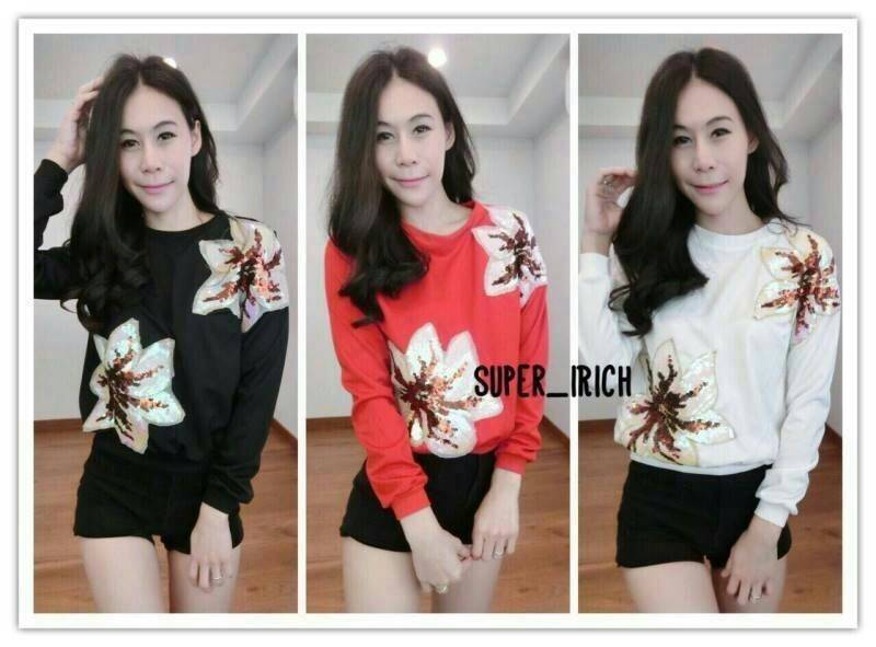 เสื้อจั้มเปอร์แขนยาวปักลายดอกวิ้งค์ๆ