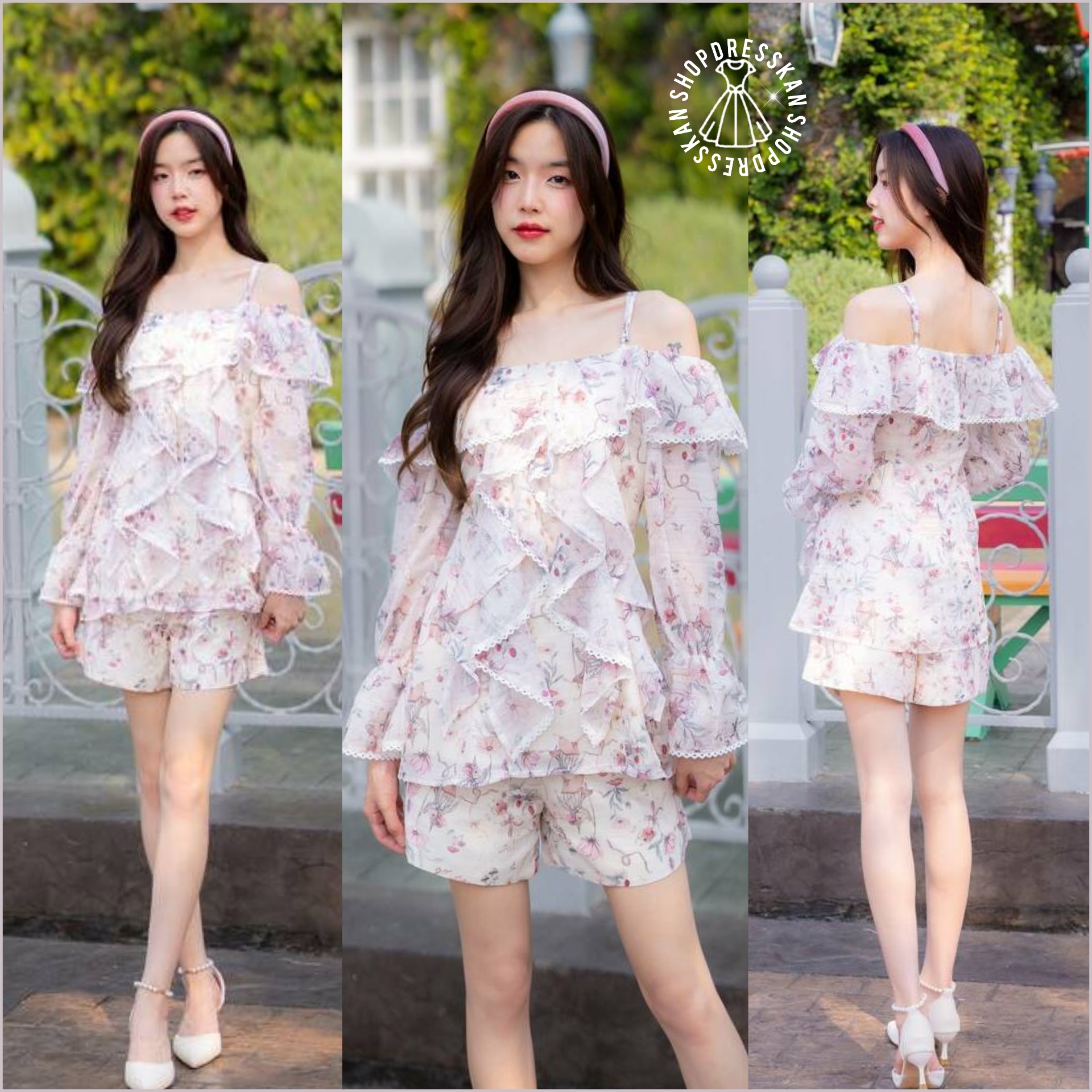 ✔️พร้อมส่ง : ชุดเซ็ท2ชิ้นงานป้ายคุณภาพ⭐[ S-M-L-XL ] :: เซ็ต 2 ชิ้น เสื้อสายเดี่ยวแขนยาว แต่งระบายอก แมทซ์เข้ากับกางเกงขาสั้น ดีไซน์สวยน่ารัก ซิปซ่อนหลัง ผ้าลายดอกไม้กระรอก เนื้อเกรดดีสวมใส่สบาย ใส่เที่ยว ใส่ออกงานเก๋ๆ