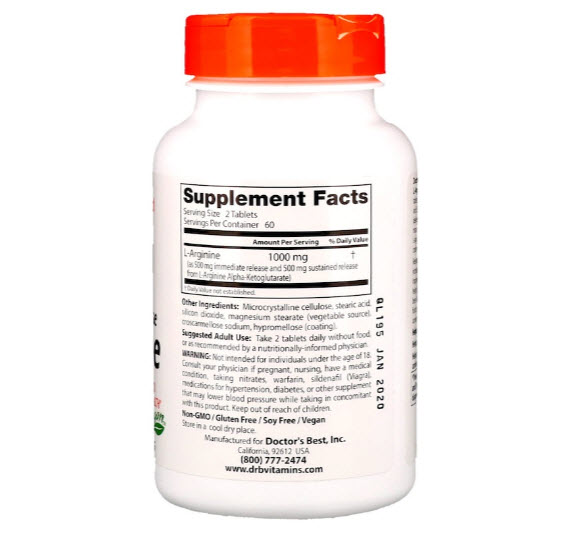 Doctor's Best, Sustained Plus Immediate Release L-Arginine, 500 mg, 120 Bilayer Tablets