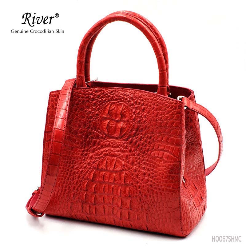 กระเป๋าถือหนังจระเข้แท้ ส่วนโหนก สีแดง พร้อมสายสะพาย