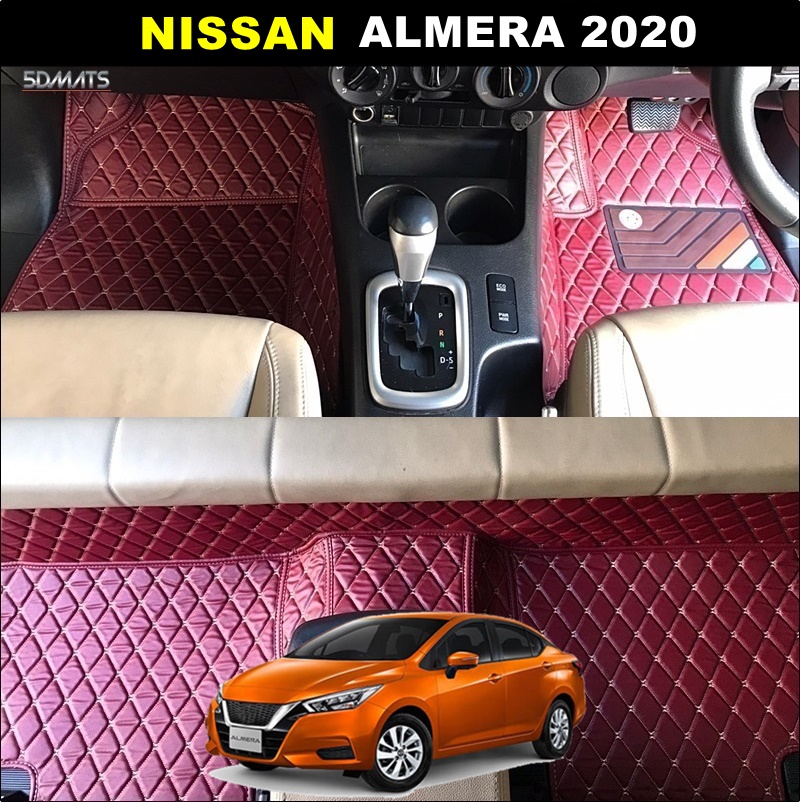 พรมปูพื้นรถยนต์ 6D NISSAN ALMERA 2020 สีไวน์แดง เข้ารูป 3ชิ้น
