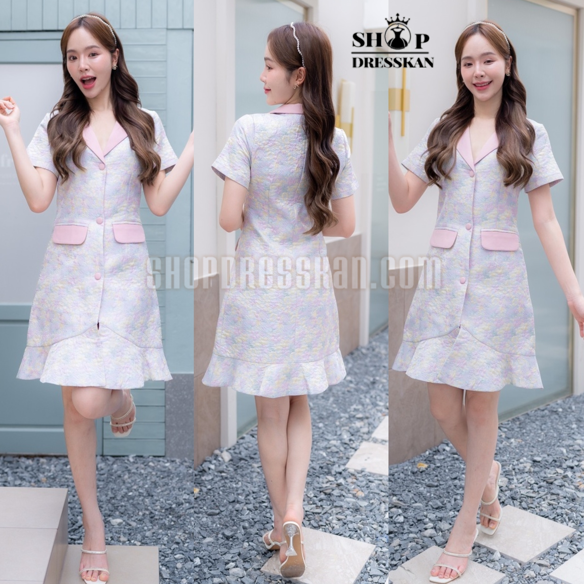 ❌หมดค่ะ❌:: ชุดเดรสงานป้ายคุณภาพ⭐[ S-M-L-XL] :: ชุดเดรสผ้าสีรุ้ง คอปกสูท ดีเทลแต่งกระดุมกระเป๋าหลอก ชายระบายสวย ซิปซ่อนหลัง บุซับใน ใส่สวยได้หลายโอกาส
