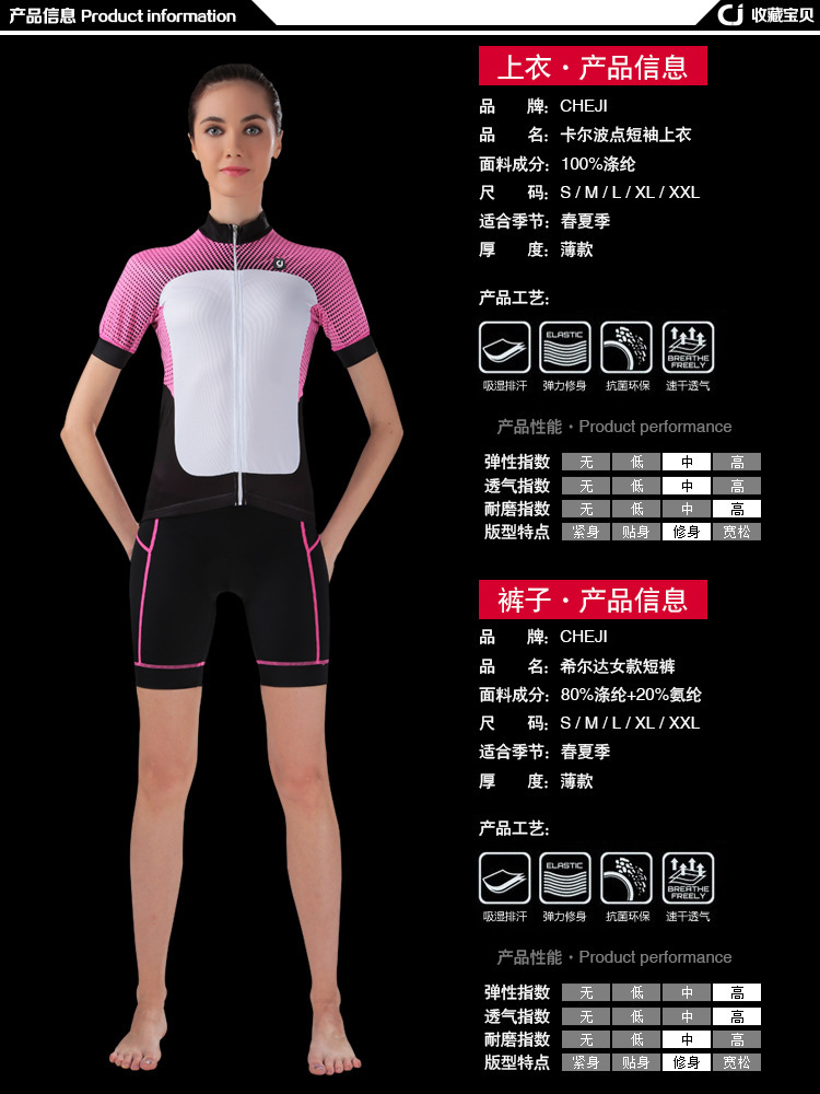 ชุดจักรยานผู้หญิงแขนสั้นขาสั้น CheJi 16 (09) สีขาวชมพูดำ