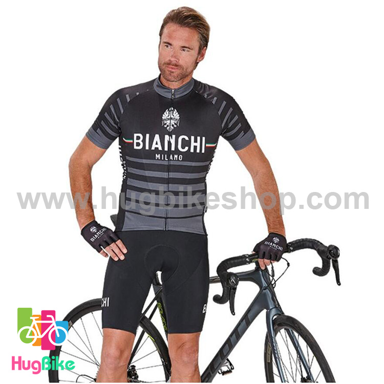 ชุดจักรยานแขนสั้นทีม Bianchi 17 (13) สีดำลายเทา กางเกงเอี๊ยม