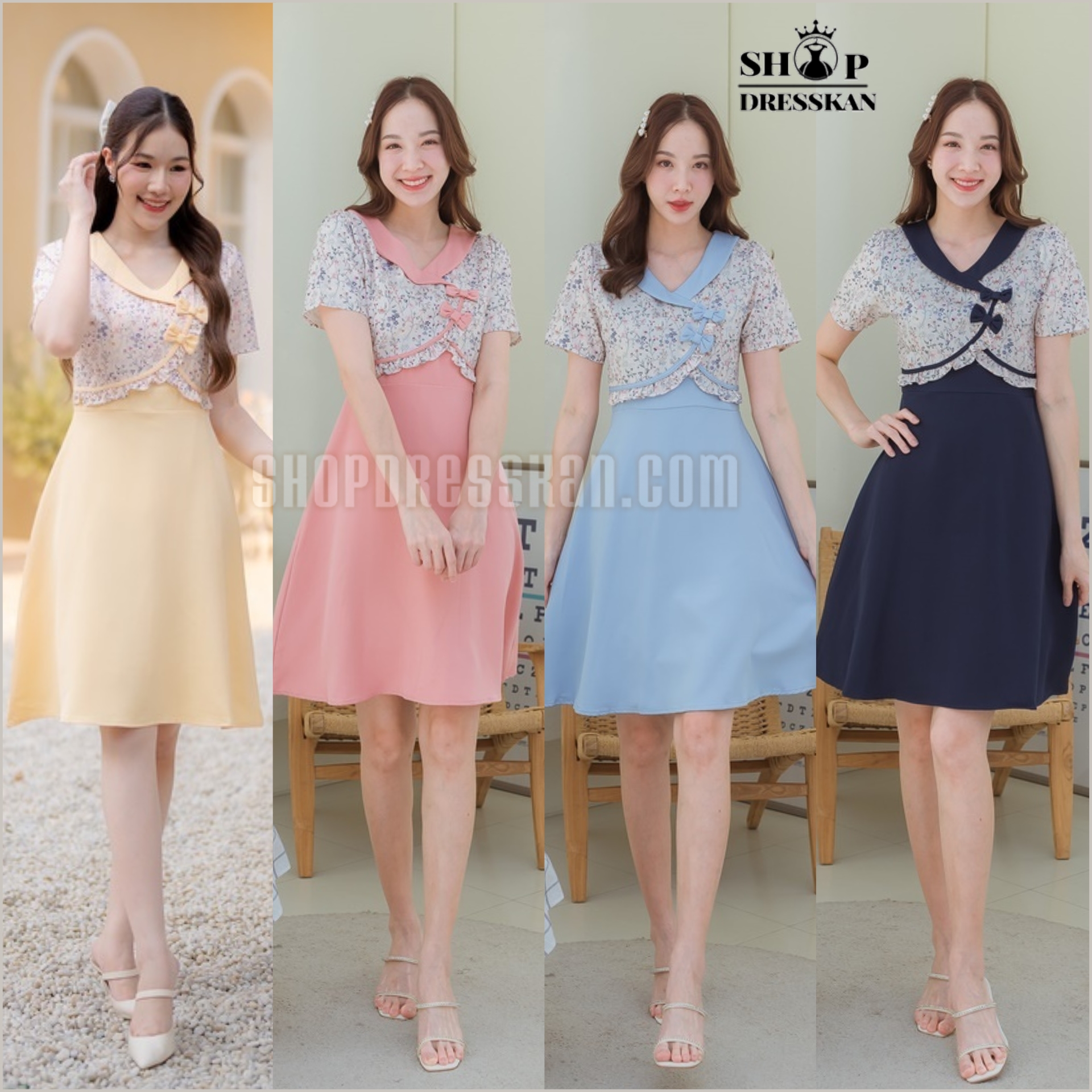 ❌หมดทุกสี-ทุกไซส์ค่ะ❌: ชุดเดรสแฟชั่นงานป้ายราคาถูก [ S-M-L-XL-2XL] :ชุดเดรสตัวเสื้อสไตล์กั๊กลายดอกไม้ ดีเทลคอปกสูทกุ้นโบว์ ตัดต่อกระโปรงสีพื้นทรงบานพริ้วสวย ซิปซ่อนหลัง บุซับใน ผ้าเนื้อดีสวมใส่สบาย ใส่สวยได้หลายโอกาส