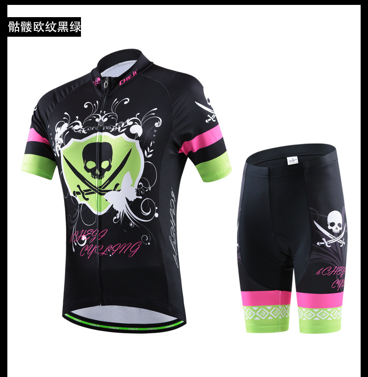 ชุดจักรยานผู้หญิงแขนสั้นขาสั้น CheJi 16 (05) สีดำเขียวชมพู ลายกระโหลก Recing is life