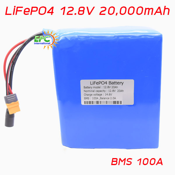 แบตเตอรี่ 12V 12.8V 20,000mA ฺBMS100A ลิเธี่ยมไอออนฟอสเฟต LiFePO4 แพ็ค พร้อมวงจรบาลานซ์ 2A