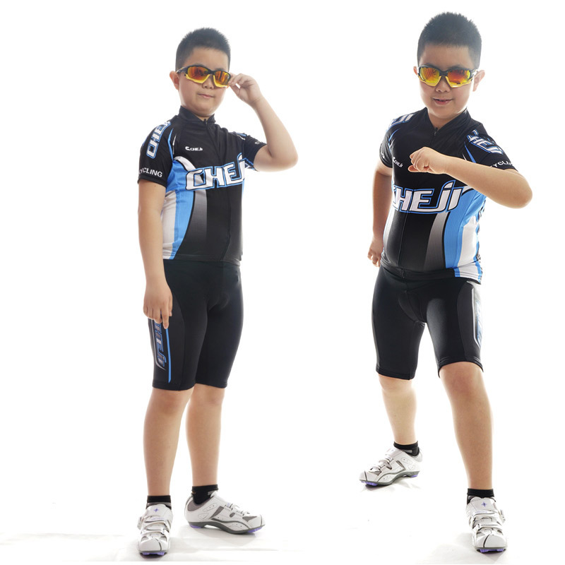 เสื้อจักรยานเด็กแขนสั้น CheJi (01) สีดำฟ้า