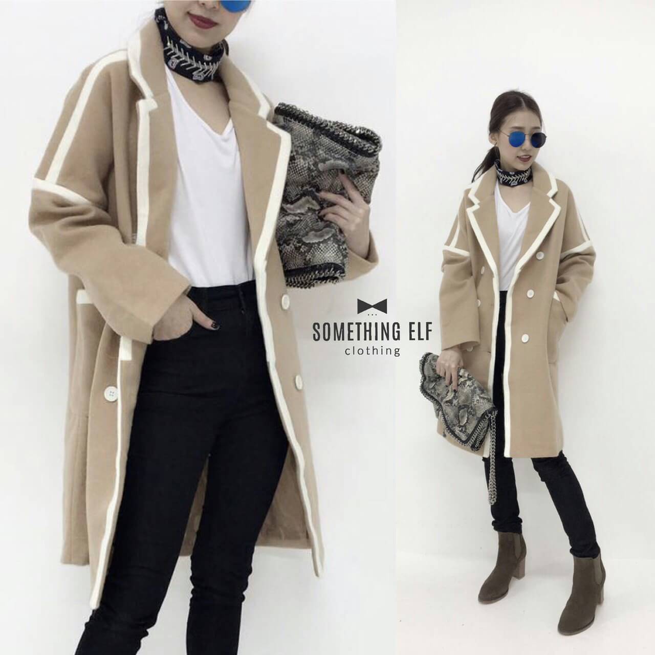 เสื้อโค้ทยาว ผ้าวูลสีพาสเทลตัดขอบสีขาวเก๋