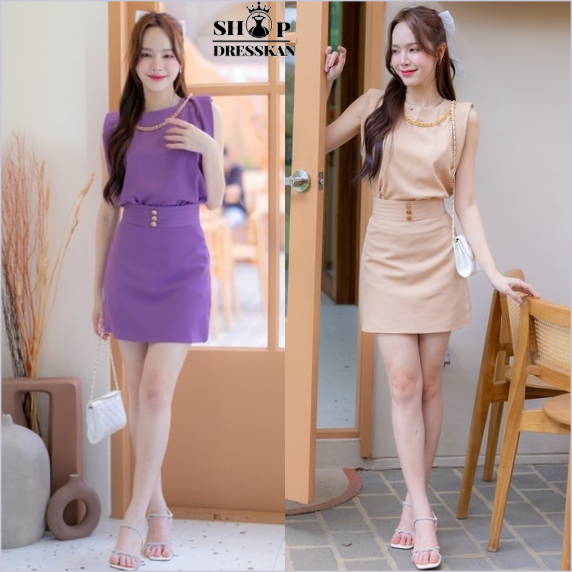 ชุดเช็ท2ชิ้นงานป้ายคุณภาพ⭐มีพร้อมส่ง [S-M-L-XL] :: เซ็ต 2 ชิ้น เสื้อแขนกุด คอสร้อยทอง แมทซ์เข้ากับกระโปรงสั้น แต่งกระดุม ดีไซน์สวยเก๋ปราดเปรียว ผ้าเนื้อเกรดดี ใส่สวยได้หลายโอกาส