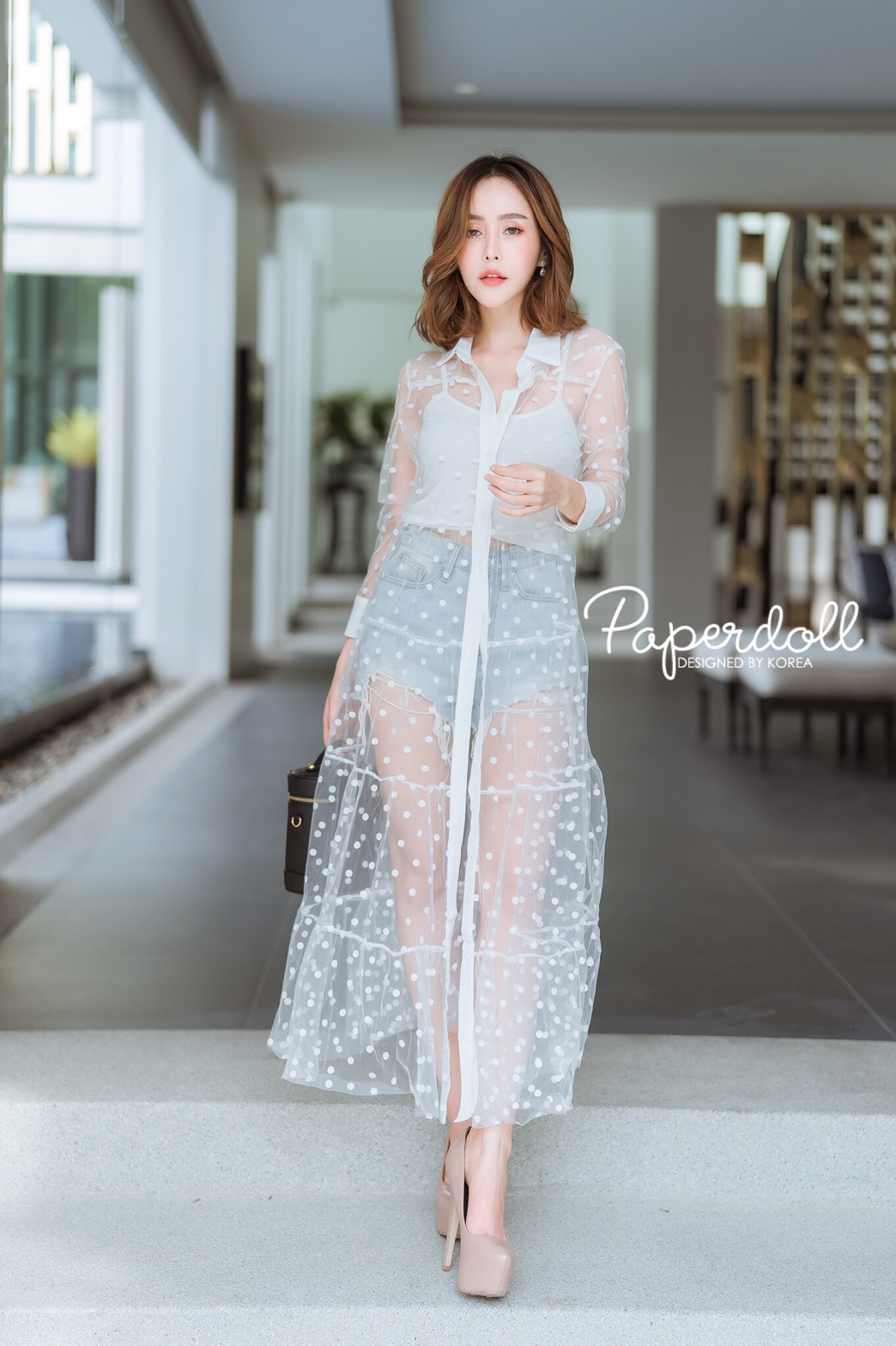 เดรสยาวซีทรูลายจุด