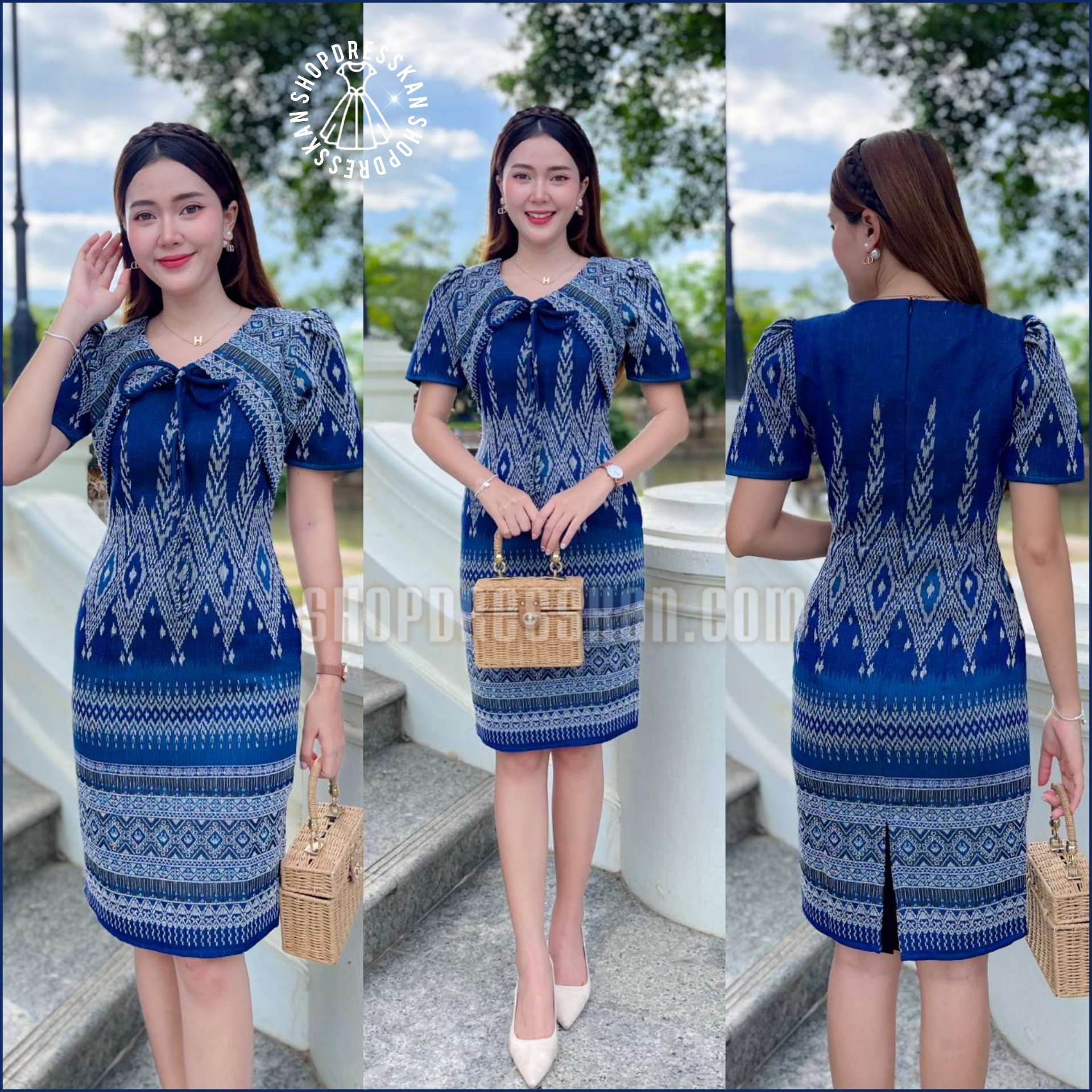 ✔️มีพร้อมส่ง : [ S-M-L-XL-2XL-3XL] :: ชุดเดรสผ้าฝ้ายทอลายไทยมัดหมี่ ตัดแต่งกั๊กผูกโบว์หน้า กระโปรงทรงสอบเข้ารูปสวย ซิปซ่อนหลัง งานอัดกาวทั้งชุด ใส่ทำงาน ใส่ออกงานสวยๆ