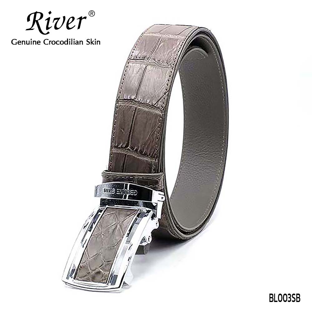 เข็มขัดหนังจระเข้แท้ ส่วนท้อง ลายไผ่ สีเทา