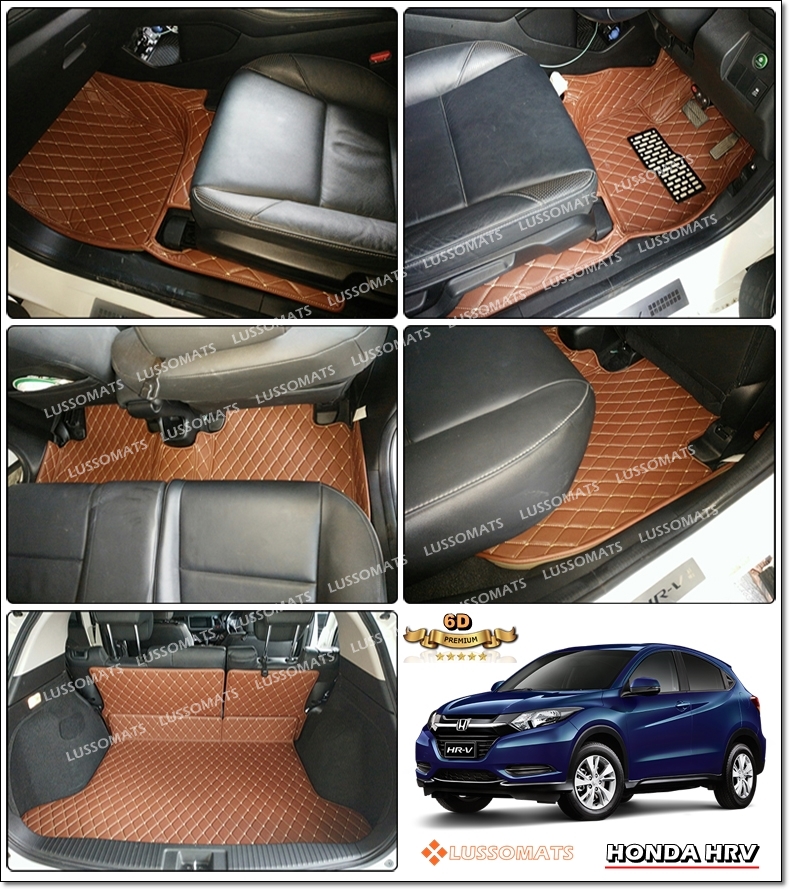 พรมปูพื้นรถยนต์6D HONDA HR-V 2014-21 สีน้ำตาลเข้ม เต็มคัน + แผ่นปูท้ายรถ + แผ่นปิดเบาะหลัง 6ชิ้น