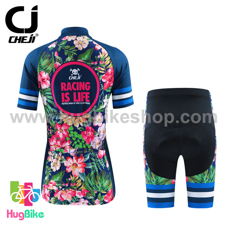 ชุดจักรยานผู้หญิงแขนสั้นขาสั้น CheJi 16 (01) สีน้าเงิน ลายดอกไม้ Recing is life