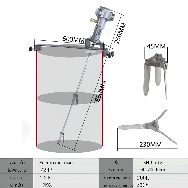 เครื่องกวนแบบลมแนวนอน ยึดถัง IBC 50 SH-05 Pneumatic mixer