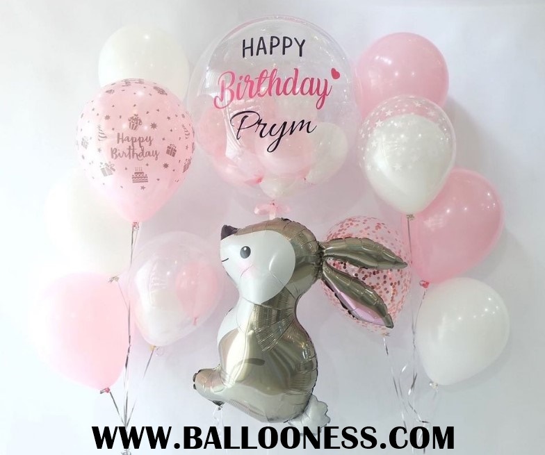เซทลูกโป่งวันเกิด บับเบิ้ล ขนาด24นิ้ว + ช่อ5ลูก2ช่อ + กระต่ายน้อย / Set Bubble BalloonBrithday 24" + 2Bunch + Bunny