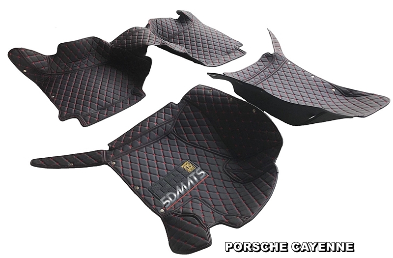 พรมปูพื้นรถยนต์ 6D หนาพิเศษ PORSCHE CAYENNE หนังสีดำด้ายแดง+แผ่นท้าย +ปิดเบาะ 6ชิ้น เต็มคัน