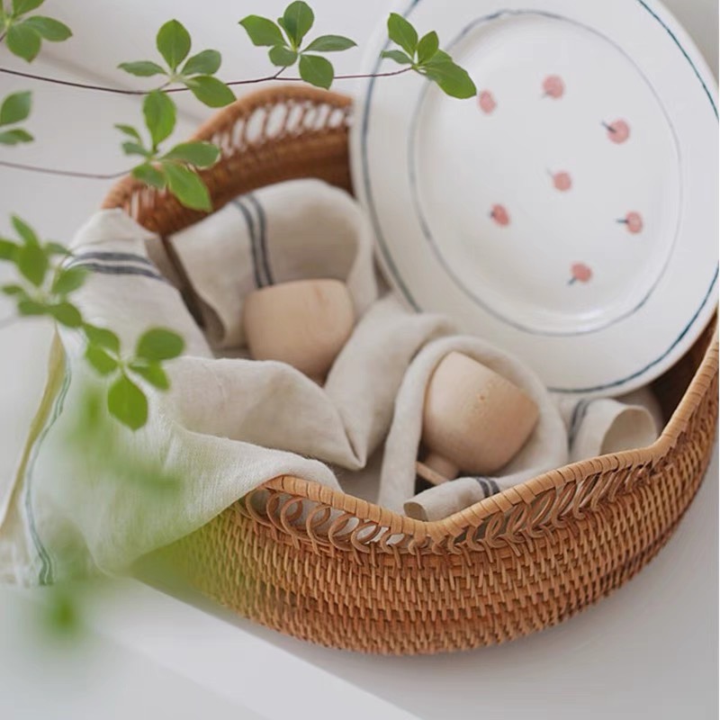 ถ้วยหวายสาน โฮมคาเฟ่ ถาดใส่อาหาร ทรงกลม พร็อพถ่ายรูป Rattanly Tray🤎