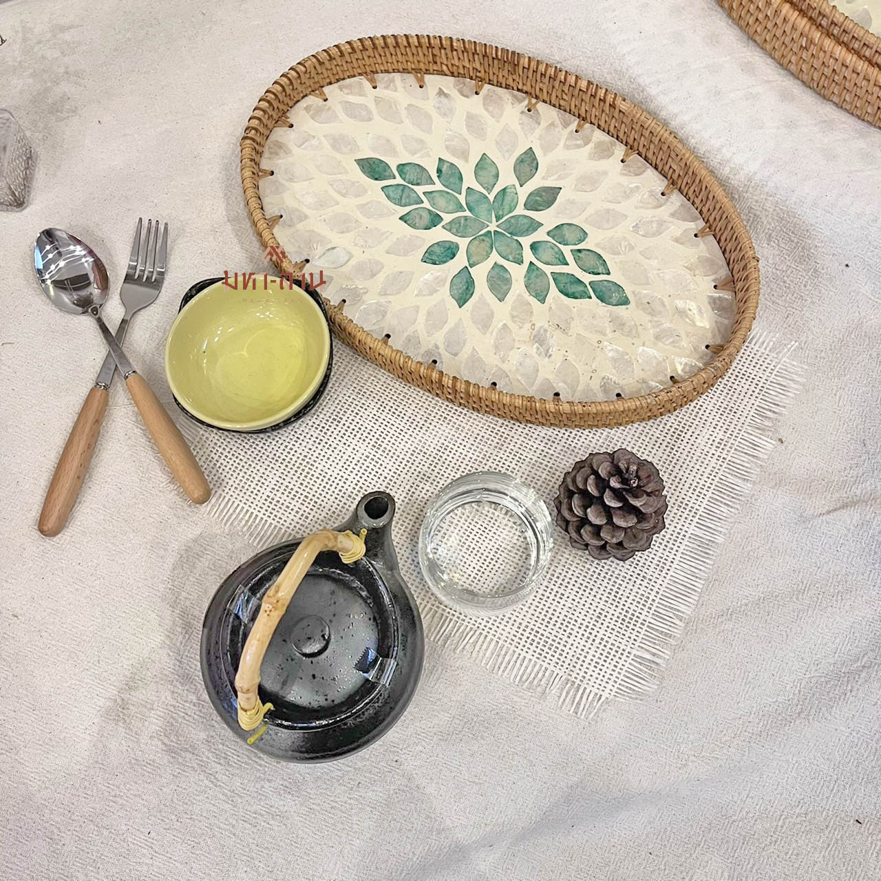 ถาดหวายแต่งโมเสก ถาดสปา ถาดใส่อาหาร ทรงรี พร็อพถ่ายรูป Rattanly Mosaic Tray🍕