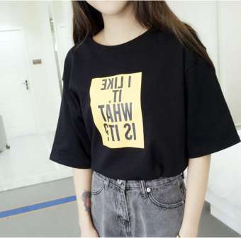 one step เสื้อยืดคอกลมแขนสั้น ดีเทลแต่งลายเป็นอักษรภาษาอังกฤษ (สีดำ) รุ่น 674