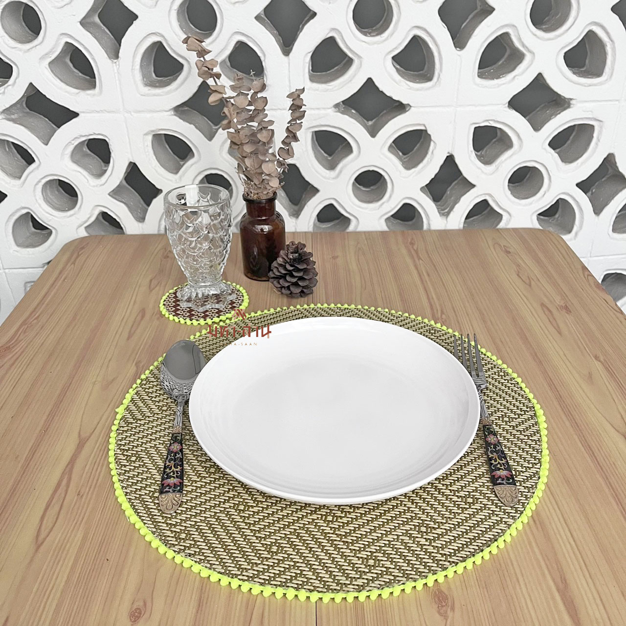 รองจานวินเทจ รองแก้วสาน รองจานเกาหลี ทรงกลม คละแบบ 🍽