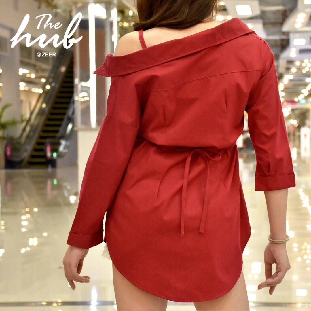 เสื้อคอปกแขนยาวเปิดไหล่สายเดี่ยว