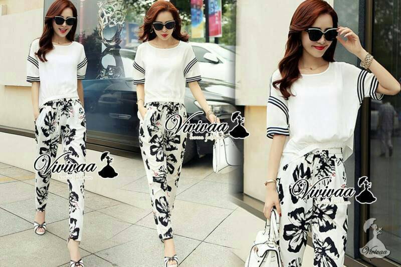 เสื้อเนื้อผ้าโพลีเอสเตอร์เนื้อพริ้วๆ ใส่สบาย + กางเกง