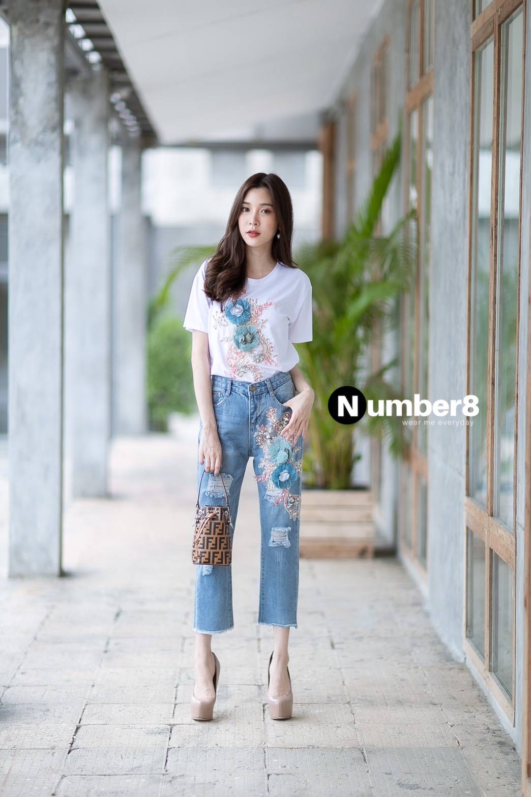 set เสื้อกับกางเกง ปักลายดอกไม้