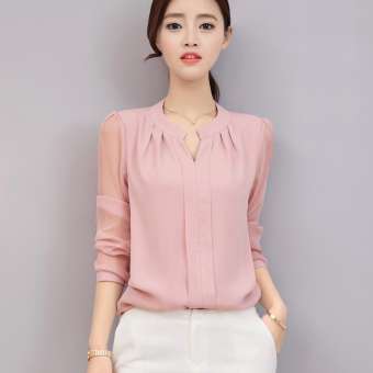 เสื้อเชิ้ตผ้าชีฟอง คอวี แขนยาว สไตล์สาวเกาหลี